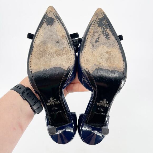 Prada Navy Blue Black Patent Leather Bow Pointed Toe D'Orsay Pump size IT 36.5 - Picture 11 of 11
